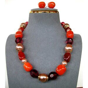 Vintage Chunky Acrylic Necklace & Earrings Set Orange Red & Gold